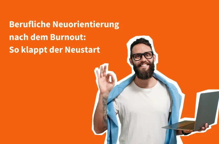 Beitragsbild zum Thema Beruflicher Neustart nach dem Burnout zeigt einen Mann mit Brille und Laptop, der mit der Hand das Okay-Zeichen macht.