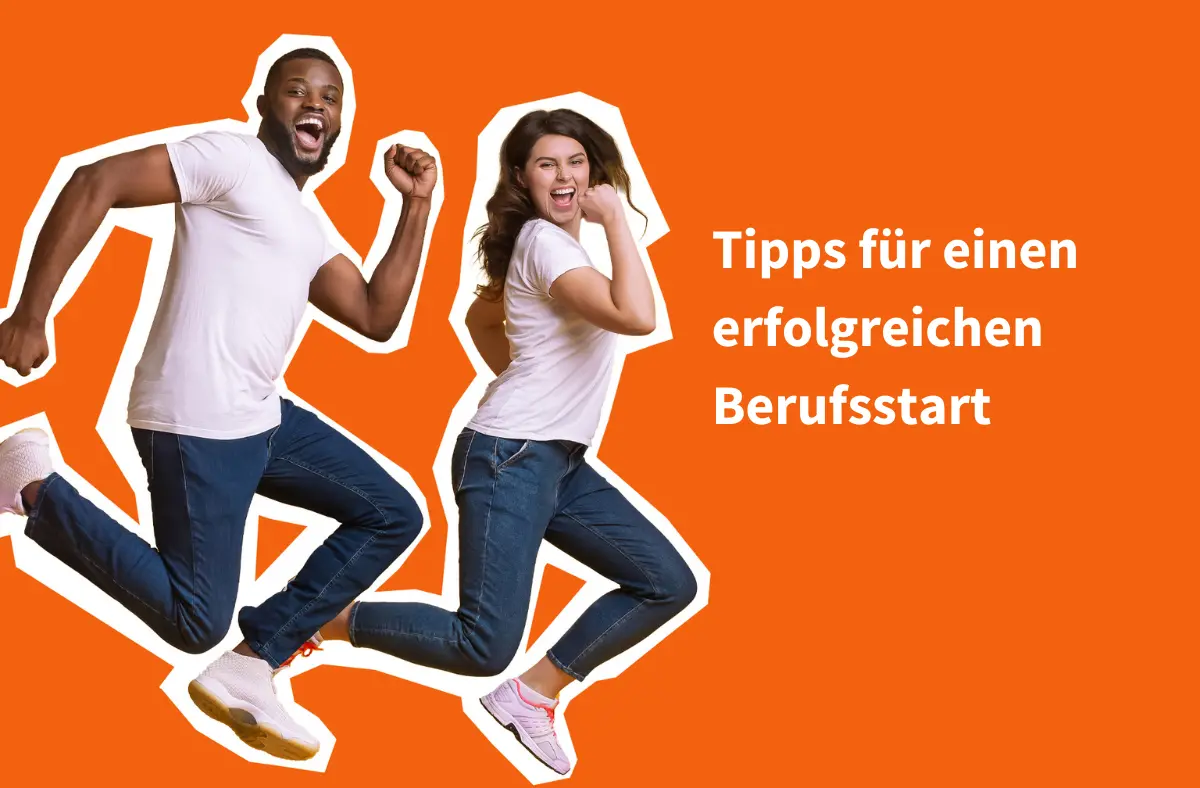 Junger Mann und junge Frau aktiv in Bewegung symbolisieren Tipps für einen erfolgreichen Berufsstart.